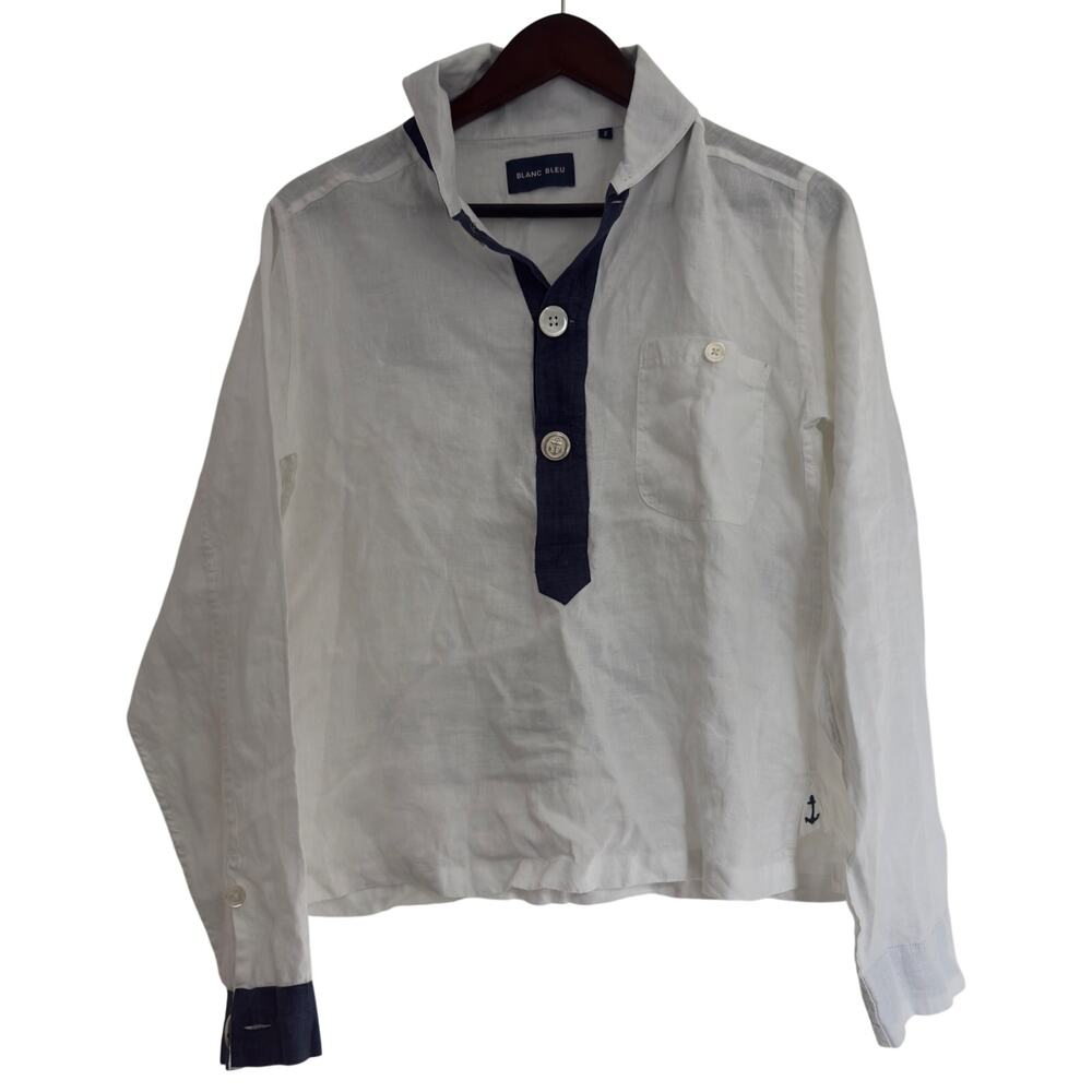 Title: Blanc Bleu Linen Nautical Anchor Shirt | White & Navy | Size 2